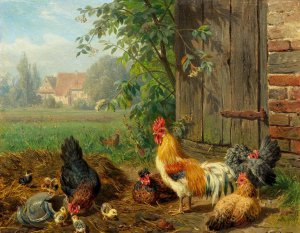 Reproduction oil paintings - Carl Jutz - Rooster with Hens and Chicks