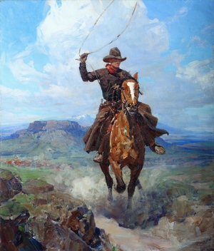 Famous paintings of Horses-Equestrian: A Cowboy with Lasso on Horse
