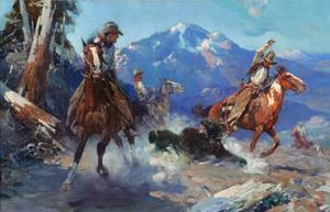 Cowboys Roping the Bear, Frank Tenney Johnson, Art Paintings