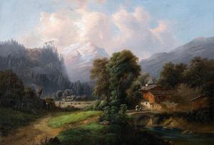 Reproduction oil paintings - Gustav Barbarini - Summer Mountain Landscape with Farmers and a House