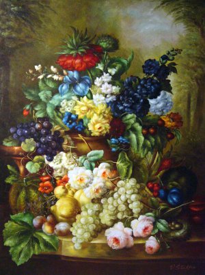 Famous paintings of Florals: A Still Life Of Flowers, Fruit & Bird's Nest On A Marble Ledge