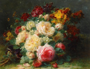 A Bouquet of Cabbage Roses - Jean Baptiste Robie - Most Popular Paintings