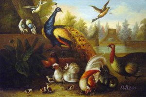 Marmaduke Cradock, A Peacock And Other Birds In An Ornamental Landscape, Painting on canvas