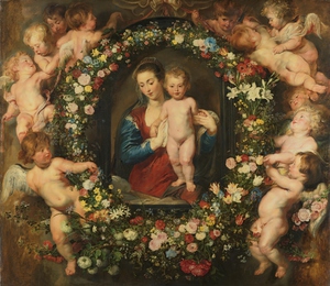 Famous paintings of Religious: A Floral Wreath with Madonna