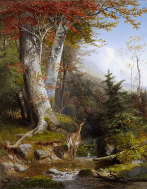 Mountain Stream and Deer Art Reproduction