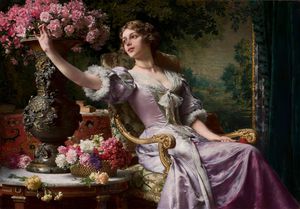A Beautiful Lady in a Lilac Dress with Flowers, Wladyslaw Czachorski, Art Paintings