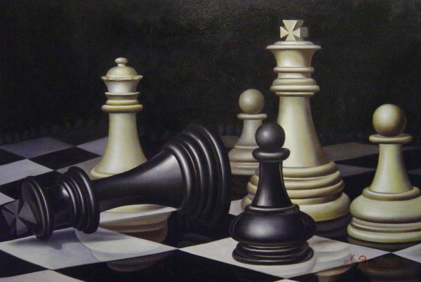 Oil painting of a grand chess match outside a school