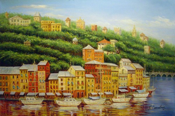 A European Harbor At Sunrise. The painting by Our Originals