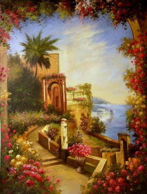 Our Originals, A European Villa Among The Flowers, Painting on canvas