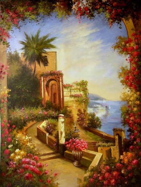 A European Villa Among The Flowers. The painting by Our Originals