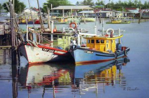Famous paintings of Waterfront: A Harbor Of Colorful Fishing Boats