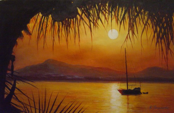 A Palm Tree Sunset. The painting by Our Originals