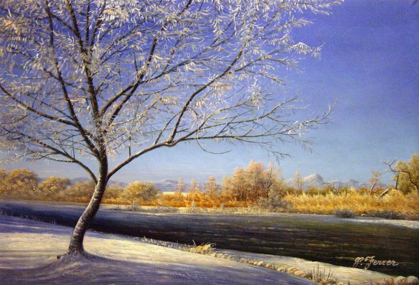 A Riverbank Winterscape. The painting by Our Originals