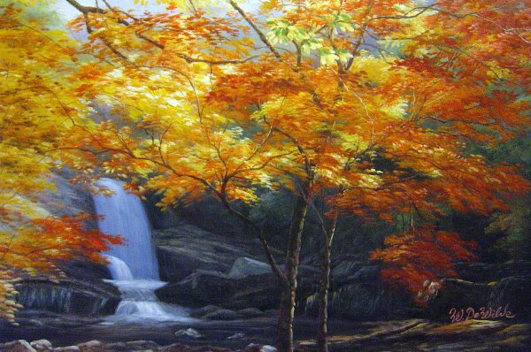 A Serene Autumn Waterfall. The painting by Our Originals