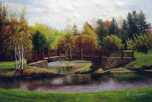 A Wooden Bridge Over A Pond. The painting by Our Originals