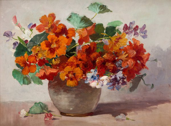 A Vase of Nasturtiums. The painting by Abbott Fuller Graves