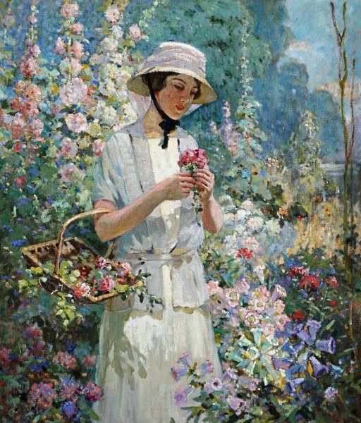 Woman with Flower Basket. The painting by Abbott Fuller Graves