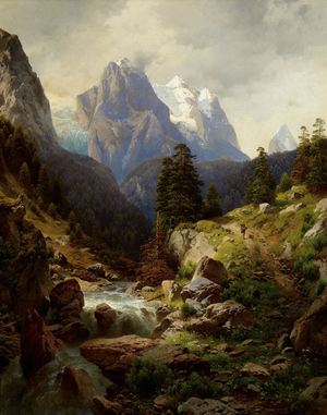 Adalbert Waagen, Hunting in the Alps, Painting on canvas