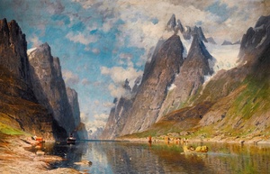 Famous paintings of Waterfront: A Norwegian Fjord (Possibly the Sognefjord)