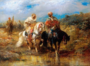 Adolf Schreyer, Horsemen at a Watering Hole, Painting on canvas