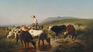 Adolf Schreyer, Shepherd and the Flock of Sheep in a Landscape, Art Reproduction