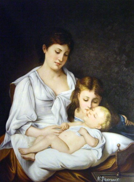Maternal Affection. The painting by Adolphe Jourdan