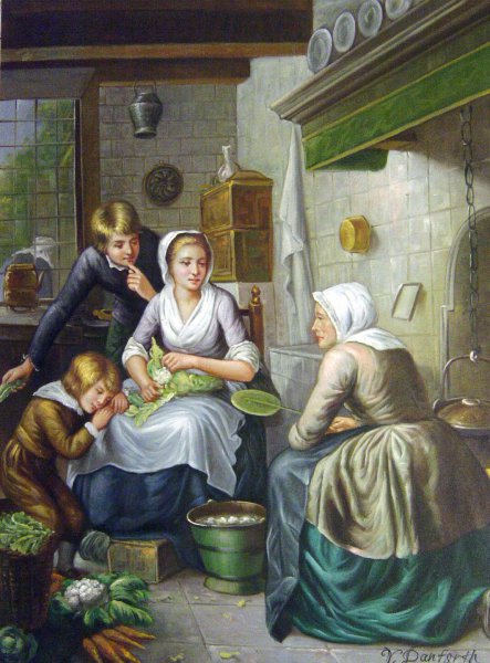 Kitchen Scene. The painting by Adriaen De Lelie