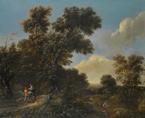 Reproduction oil paintings - Adriaen Hendriksz Verboom - A Wooded Landscape with Travellers on a Sandy Path