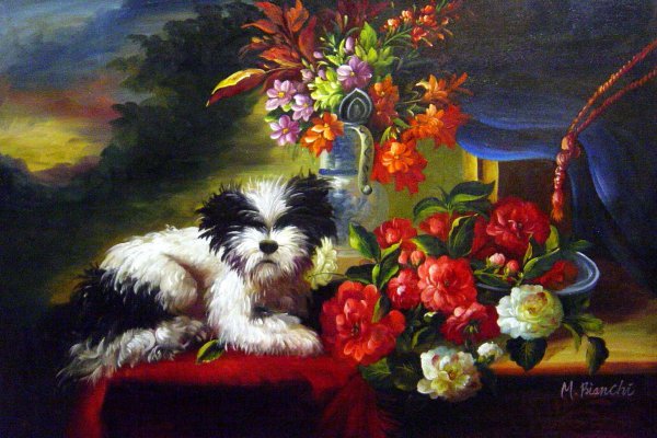 Camelias And A Terrier On A Console. The painting by Adriana-Johanna Haanen