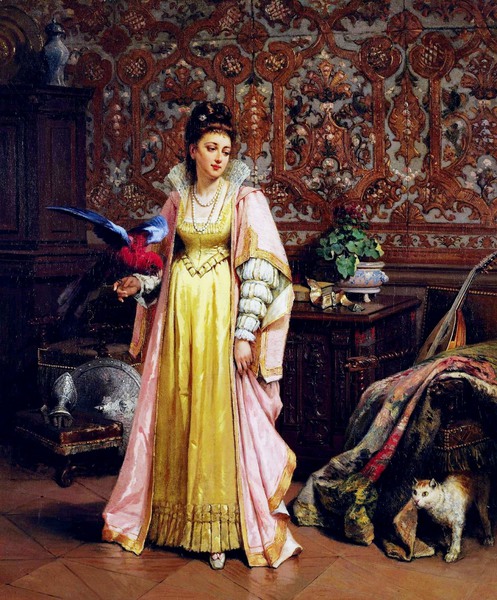 Her Pet Parakeet. The painting by Adrien de Boucherville