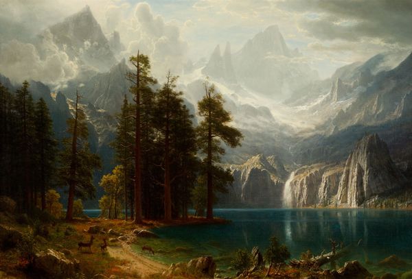 At the Sierra Nevada Mountains. The painting by Albert Bierstadt