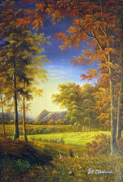 Autumn In America, Oneida County, New York. The painting by Albert Bierstadt