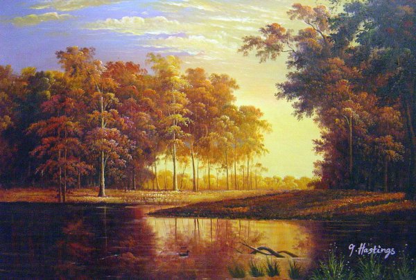Autumn Woods. The painting by Albert Bierstadt