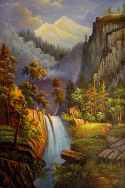 Cascading Falls At Sunset. The painting by Albert Bierstadt