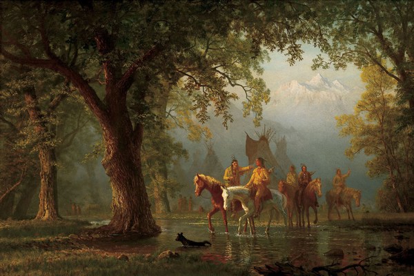 Departure of an Indian War Party. The painting by Albert Bierstadt