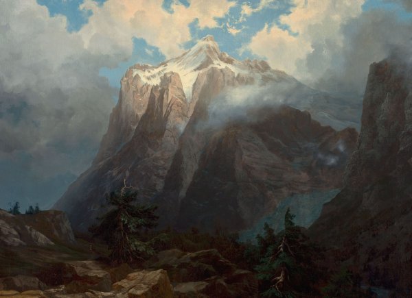 Mount Brewer from King's River Canyon, California. The painting by Albert Bierstadt