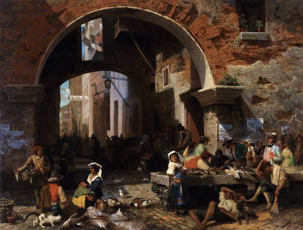 Roman Fish Market, Arch of Octavius. The painting by Albert Bierstadt