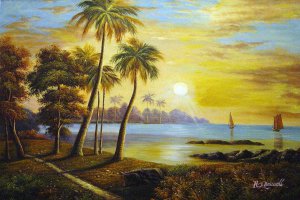 Albert Bierstadt, Tropical Landscape With Fishing Boats In Bay, Painting on canvas