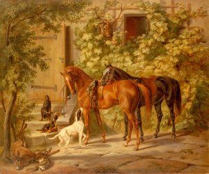 Albrecht Adam, Horses at the Porch, Painting on canvas