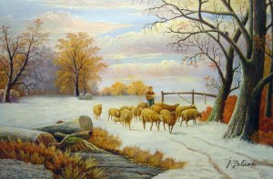 Alexis De Leeuw, Shepherdess With Her Flock In A Winter Landscape, Painting on canvas