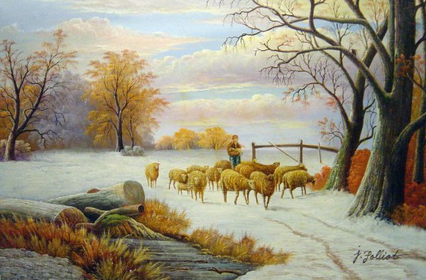 Shepherdess With Her Flock In A Winter Landscape. The painting by Alexis De Leeuw