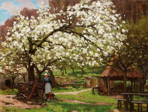 Alfred Sisley, Peasant under Trees in Blossom, Painting on canvas