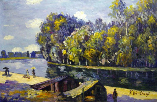 The Cabins Along The Loing Canal, Sunlight Effect. The painting by Alfred Sisley