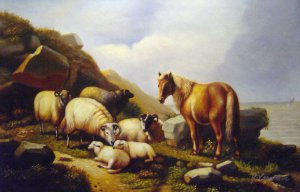 Famous paintings of Horses-Equestrian: A Pony And Sheep On A Cliff With A Sailing Vessel Beyond