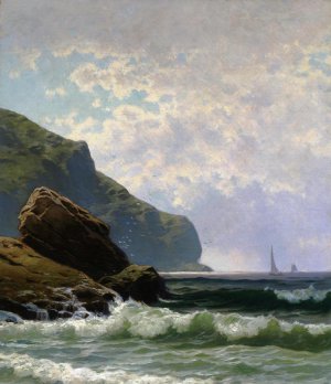 Alfred Thompson Bricher, Seascape with Boats Offshore, Painting on canvas