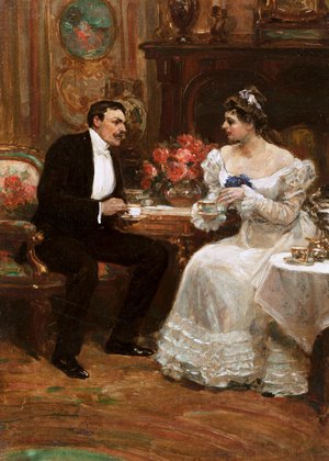Alice Barber Stephens, Seated Couple Having Tea, Painting on canvas