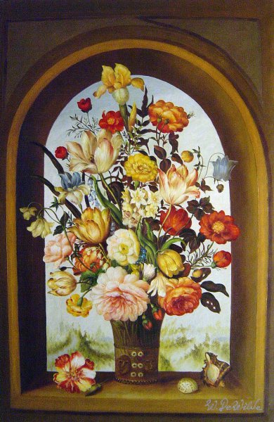 The Bouquet In An Arched Window. The painting by Ambrosius the Elder Bosschaert
