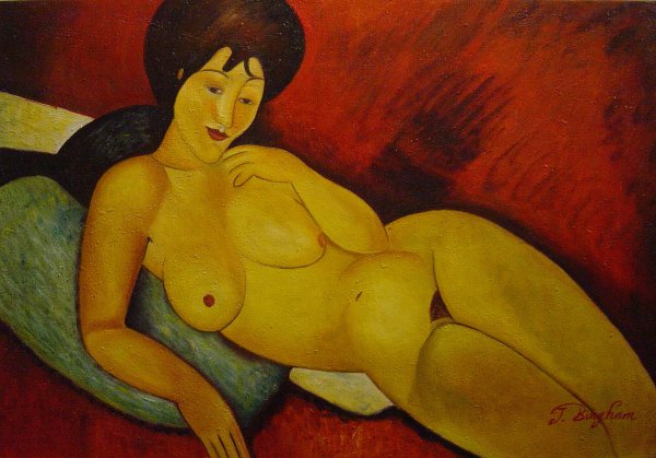 Nude On A Blue Cushion. The painting by Amedeo Modigliani