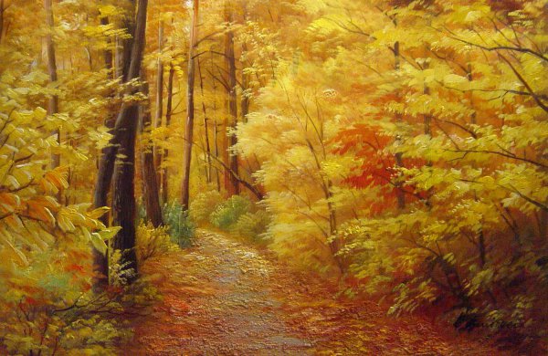 An Inviting Path In The Fall Foliage. The painting by Our Originals