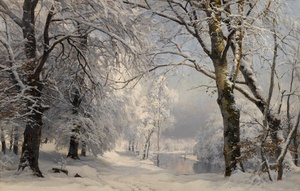 A Beautiful Forest in Winter - Anders Andersen-Lundby - Hot Deals on Oil Paintings